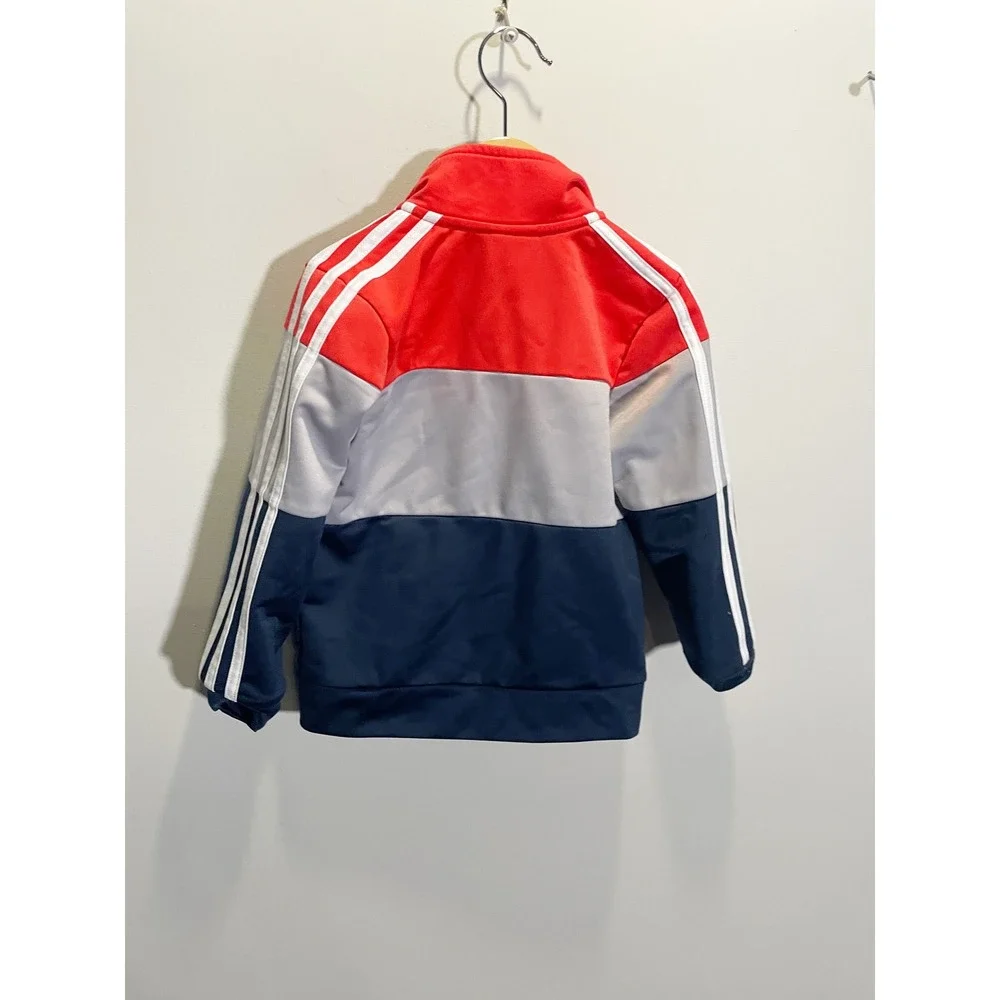 Adidas Track Jacket Kids 4T Red Grey Navy Colorblock Full Zip Sporty Activewear